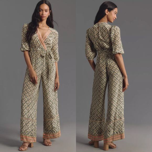 NWT Anthropologie Farm Rio V Neck Sheer Mushroom Print Wide Leg Jumpsuit Medium - Picture 1 of 16